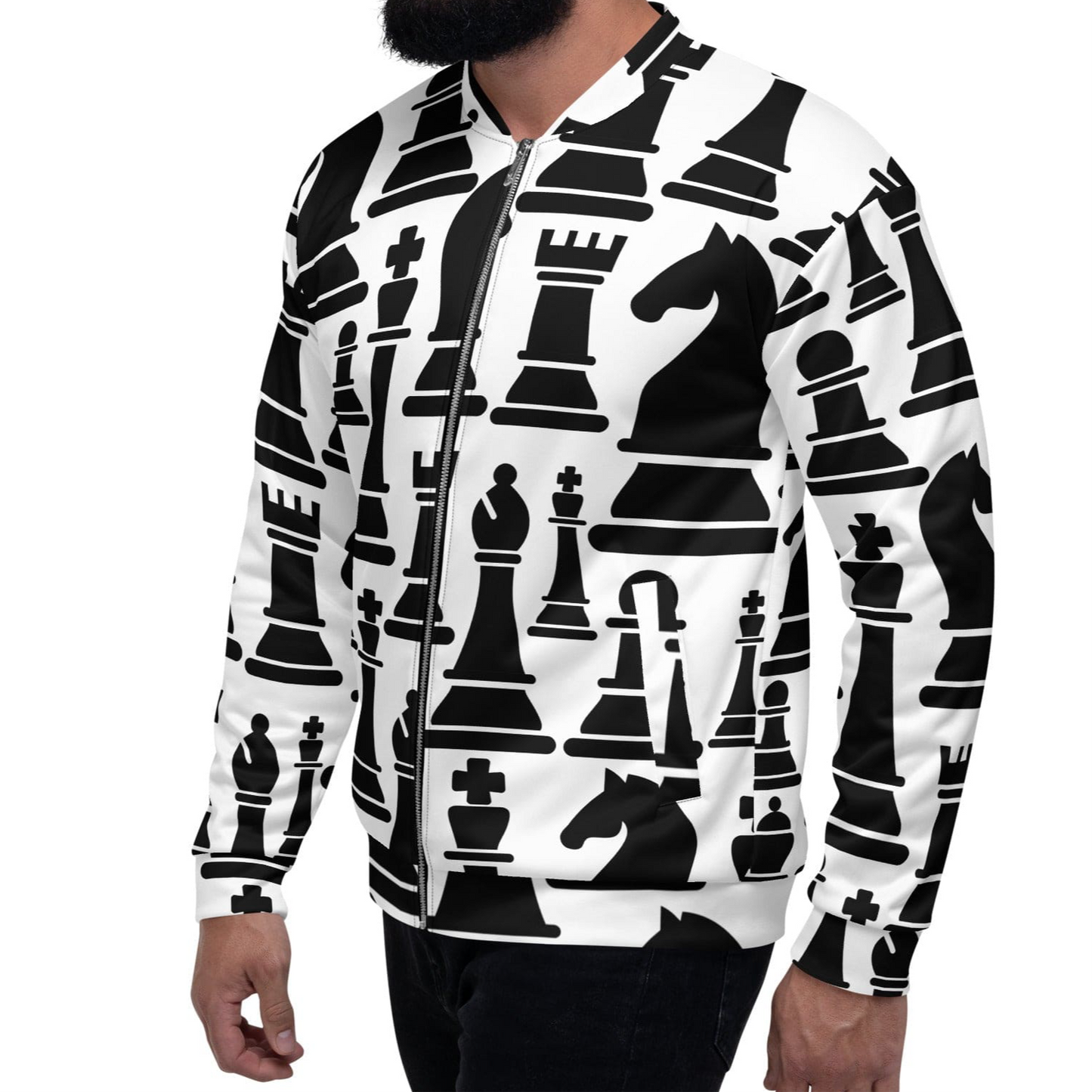 Mens Bomber Jacket - Black and White Chess Print