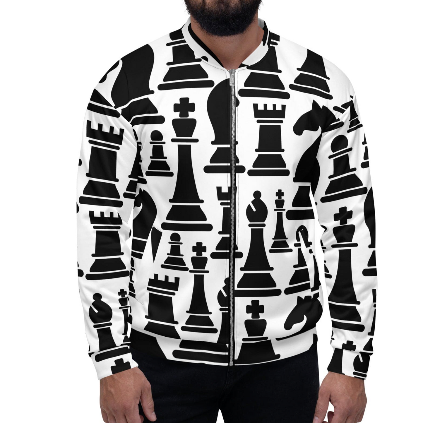 Mens Bomber Jacket - Black and White Chess Print