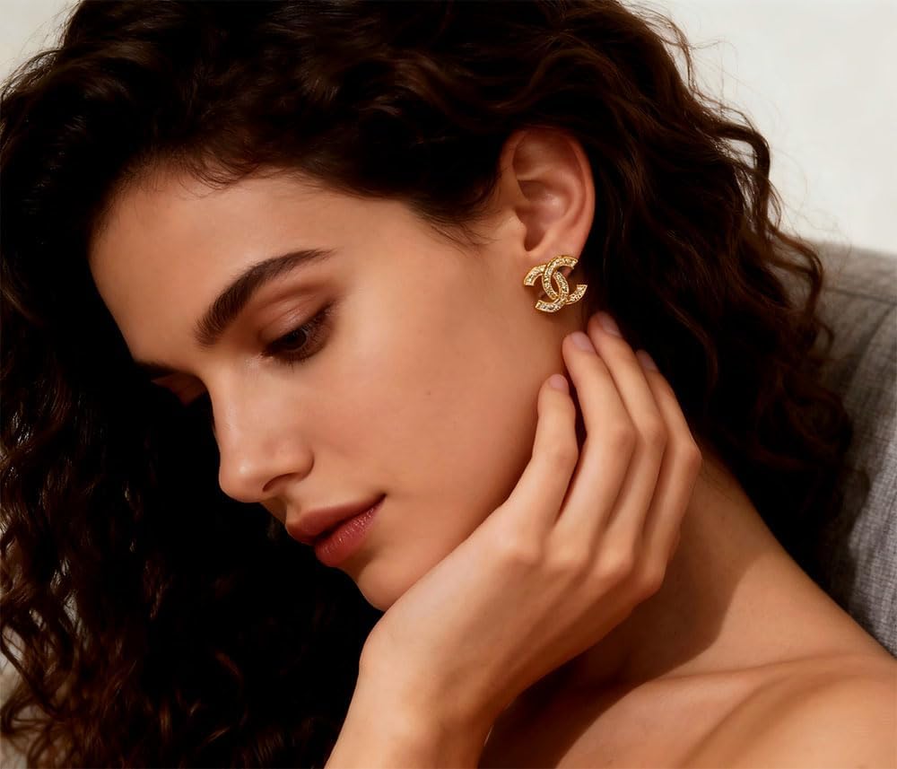 Gold Crystal Embellished Stud Earrings, Luxury Designer Style Statement Jewelry