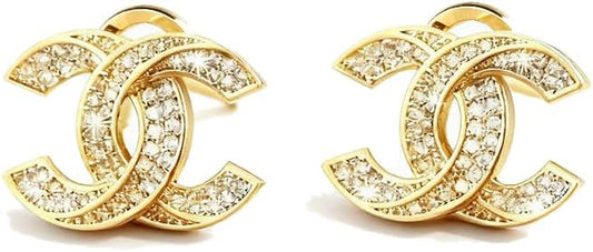 Gold Crystal Embellished Stud Earrings, Luxury Designer Style Statement Jewelry