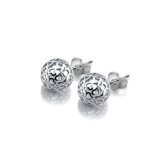 Bohemian - Women's 925 Sterling Silver Earrings - 7mm Hollow Pattern Ball Pendant - Silver Stud Earrings - 24k Gold - Fine Jewelry - Birthday Gift