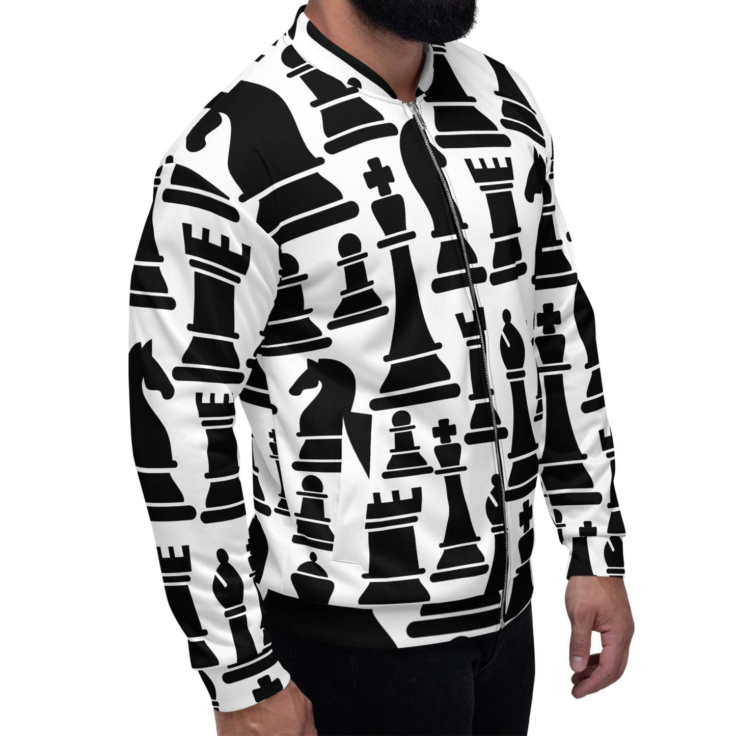 Mens Bomber Jacket - Black and White Chess Print