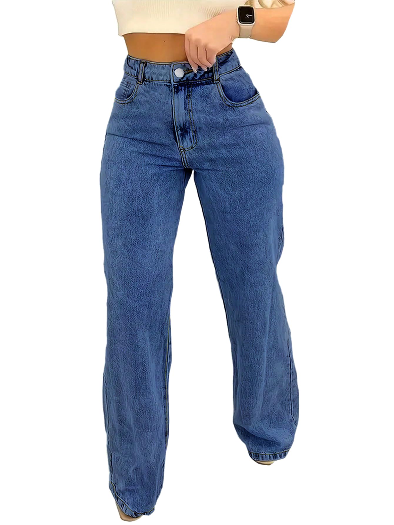 Jeans for Women Trendy Straight Wide Leg Denim Pants Vintage wash Boyfriend Casual Pockets Loose Jeans