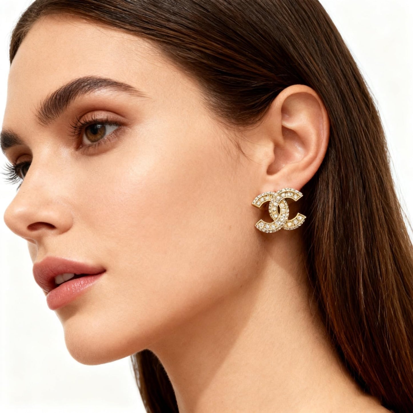 Gold Crystal Embellished Letters Logo Stud Earrings, Luxury Designer Style Rhinestone Jewelry