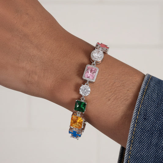 Lulu Mel Colorful Tennis Bracelet Diamond Chain, 10mm Tennis Diamond Colorful Cross CZ Stones Link Chain, Sparkly Rainbow Crystal 7-8 Inches Bracelet Fashion Jewelry Gift