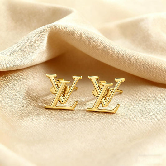 Stud Earrings, 18K Gold Plated, Classic Monogram Design, Fashion Jewelry for Women