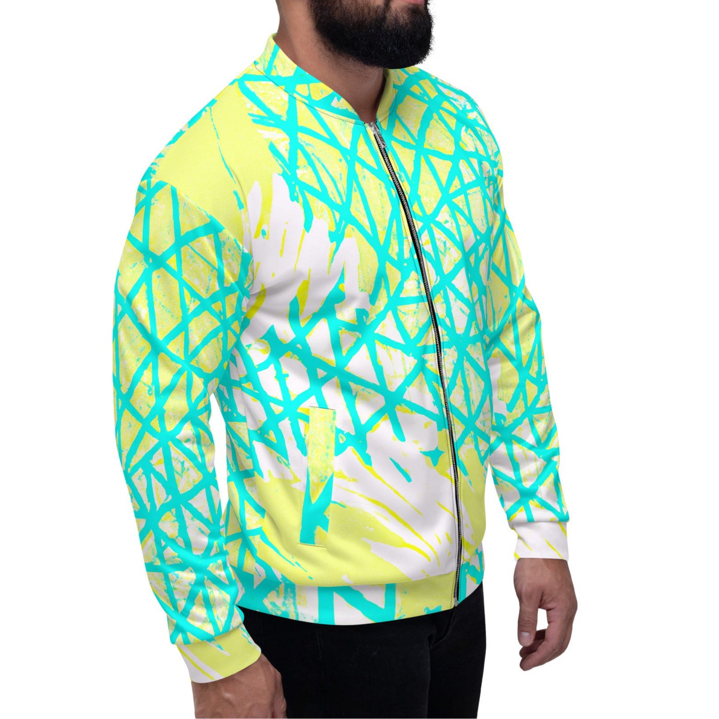 Mens Bomber Jacket - Cyan Blue Lime Green and White Pattern