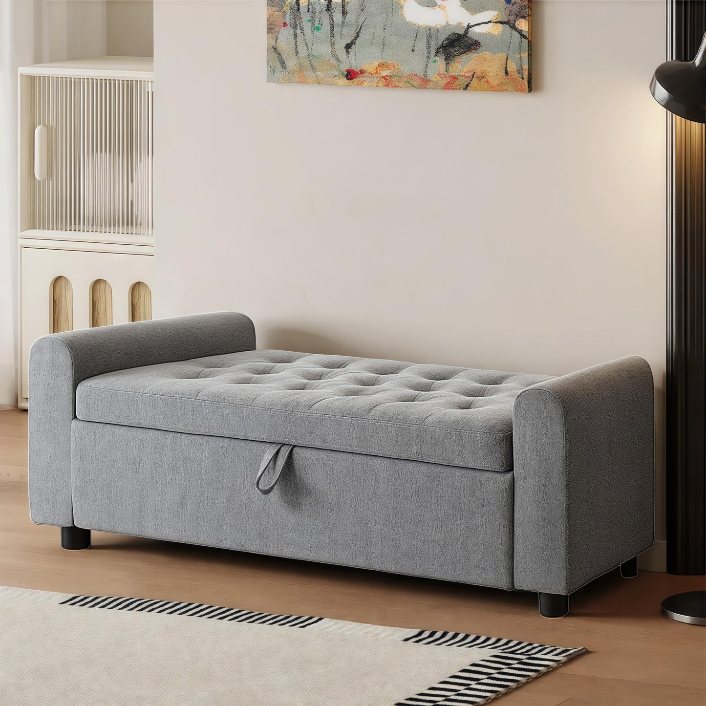 48" Ottoman with Storage, Tufted Storage Ottoman Bench, Convenient Living Room Fabrics Bench Seat, Entryway Shoe Benches with Inner Zipper & Arm, Rivetless Upholstered Window Seat Ottomans, Beige