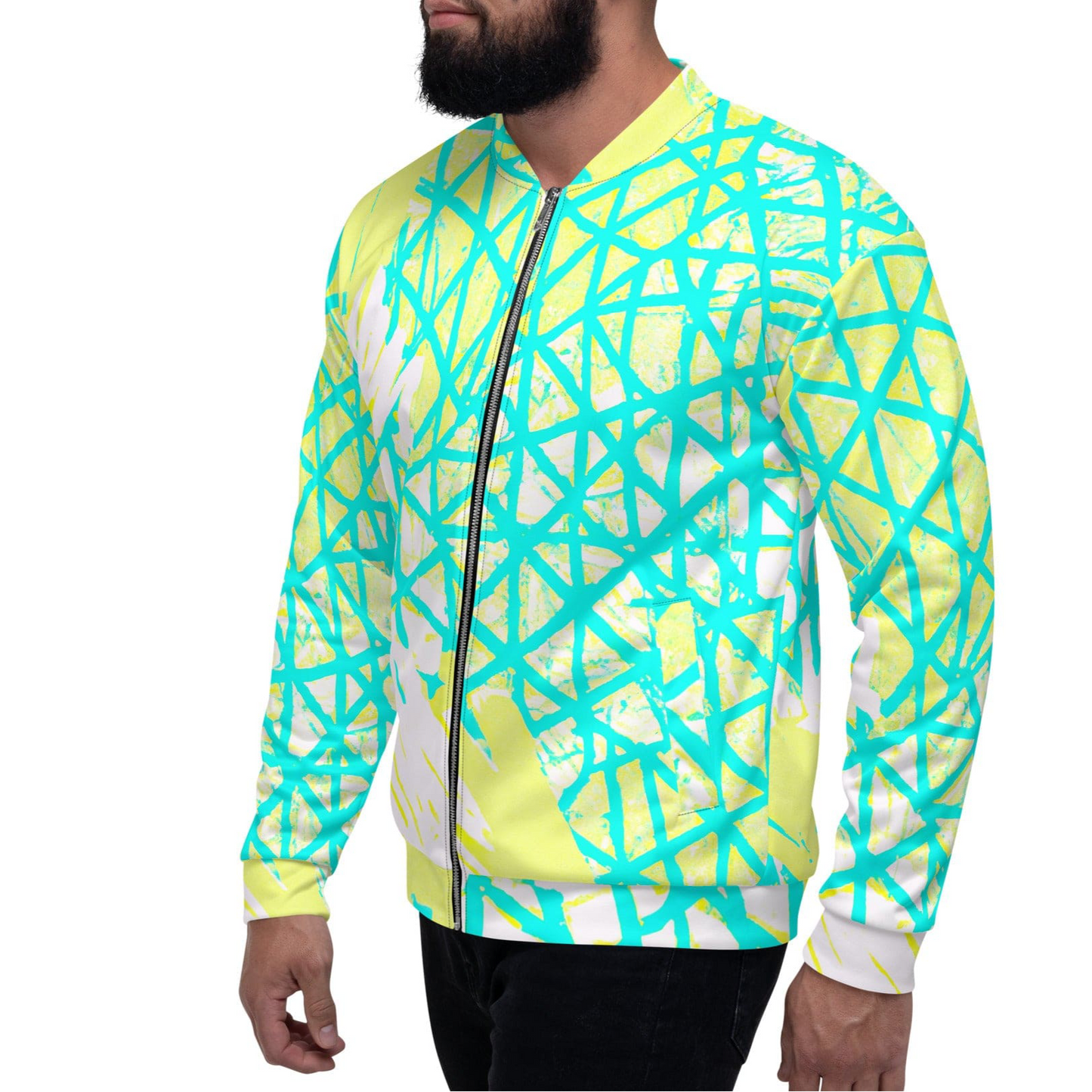 Mens Bomber Jacket - Cyan Blue Lime Green and White Pattern