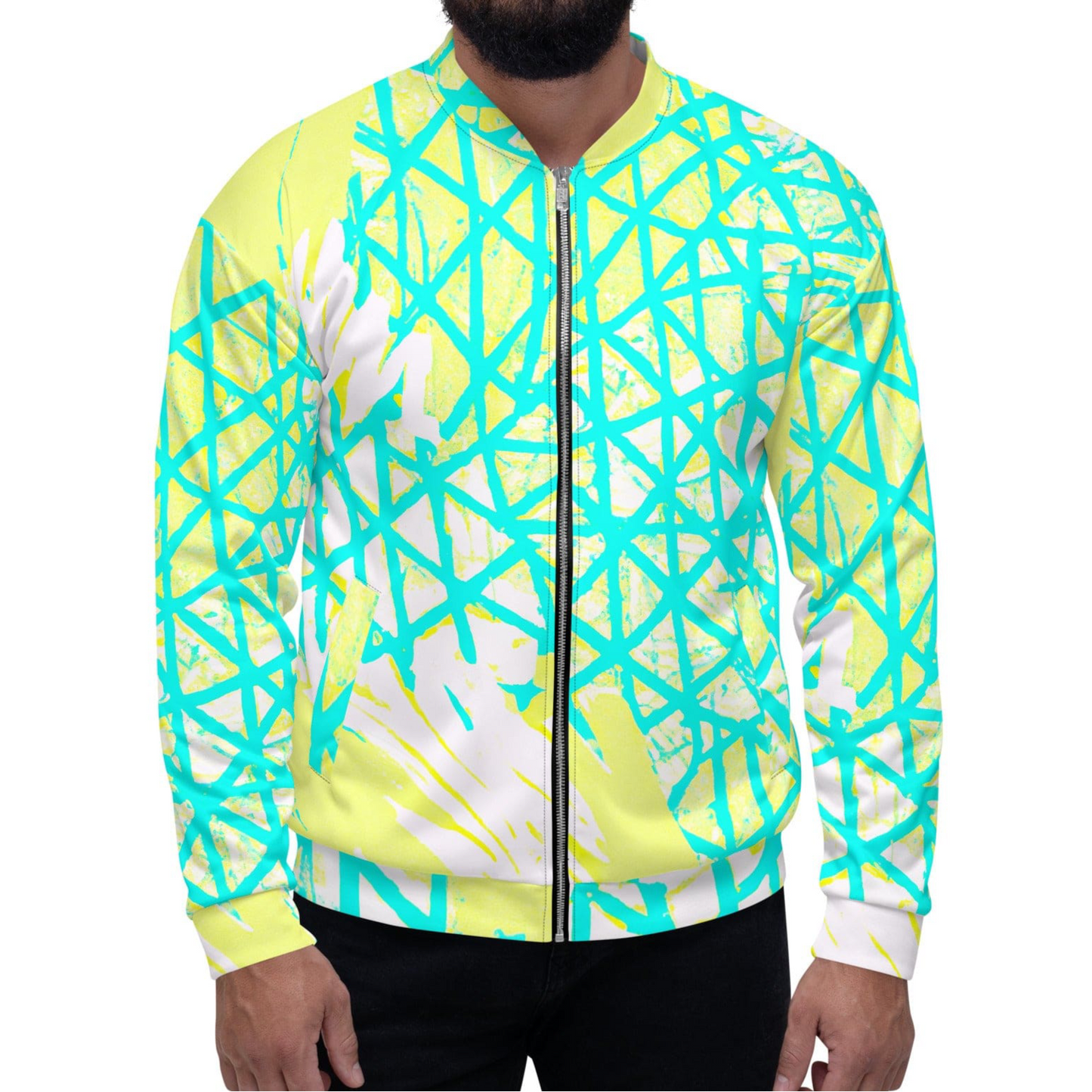 Mens Bomber Jacket - Cyan Blue Lime Green and White Pattern