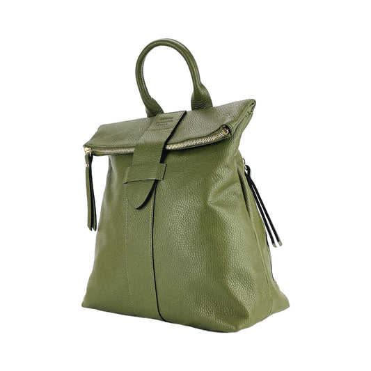 RB1021E | Zaino Donna Morbido in Vera Pelle Made in Italy con Spallacci regolabili. Chiusura lampo e Accessori in metallo Oro Lucido - Colore Verde - Dimensioni: cm 30 x 34 x 10,5-1