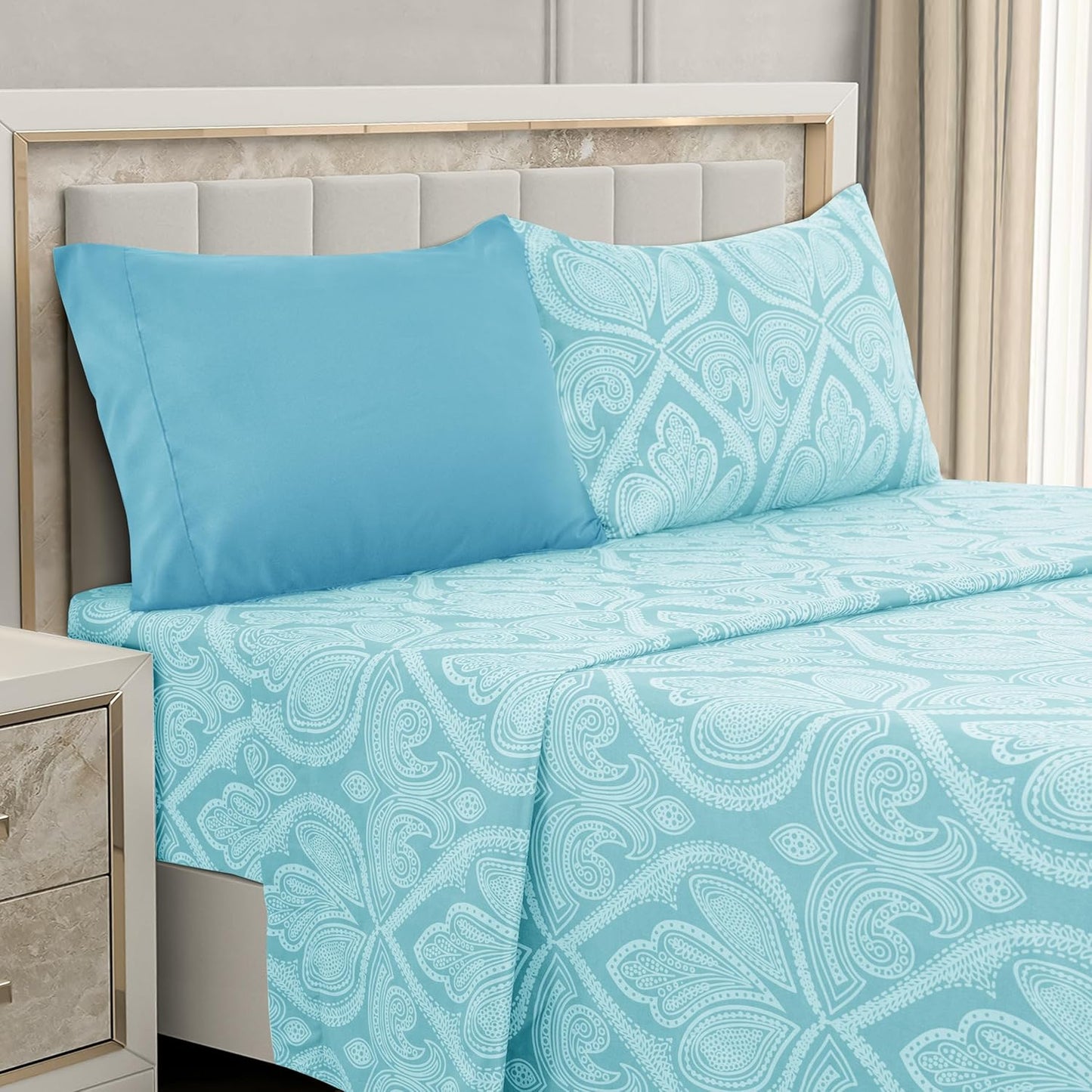 LUX Décor Paisley Queen Sheet Set – 6 Piece Ultra-Soft Microfiber Bed Sheets with Flat Sheet, 16 Inches Deep Pocket Fitted Sheet & 4 Pillowcases, Breathable, Bedroom Decor, Oeko-Tex – Navy Blue