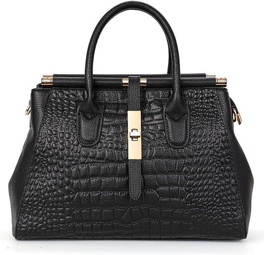 Genuine Leather Crocodile Print Handbag - Large Capacity, Detachable Strap, Color-Blocked, Women'S Cross-Body Tote