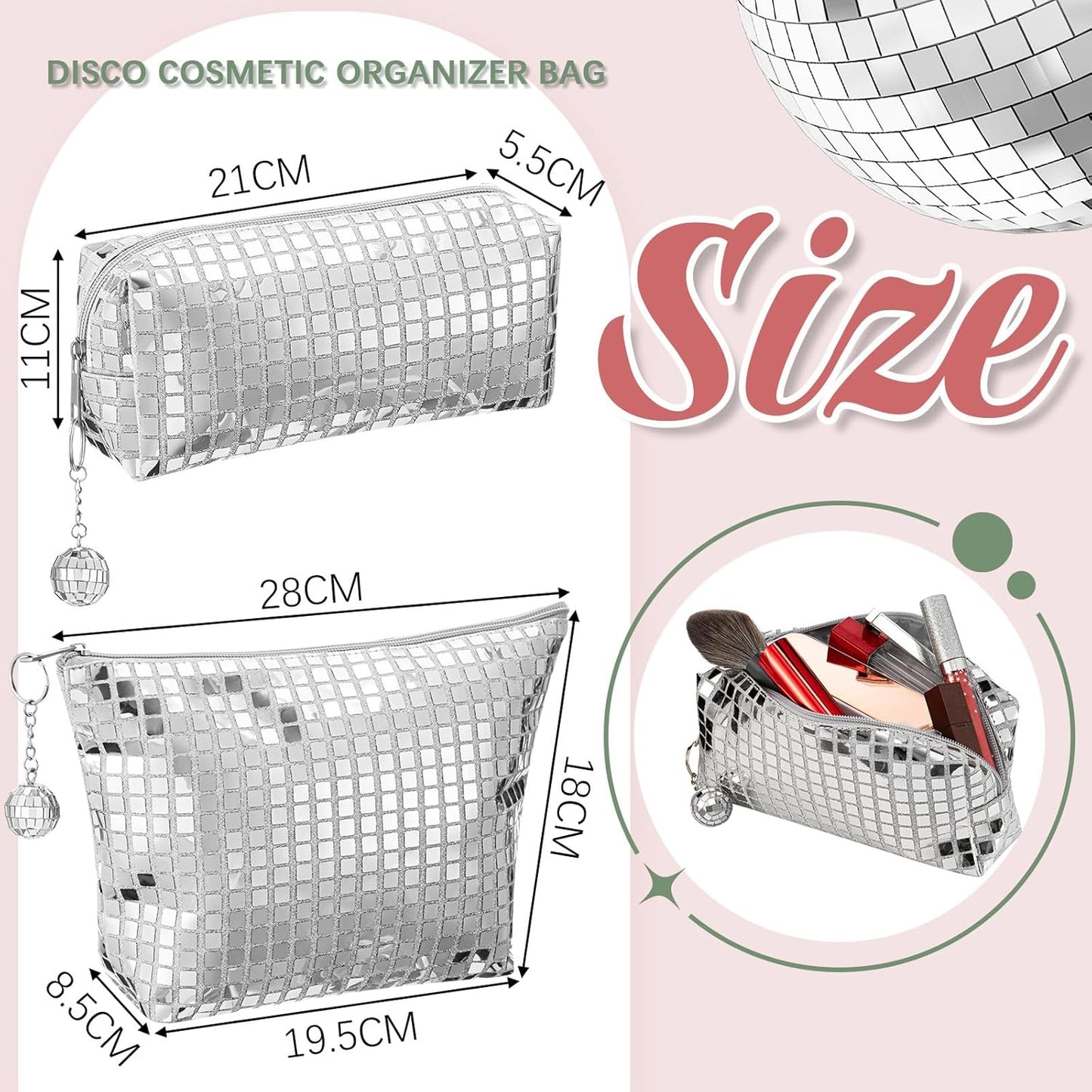 2 Pcs Disco Cosmetic Makeup Bags Women Silver Glitter Sequin Mirror Bag Large Travel Handbag with Disco Ball Zipper Storage Makeup Bag for Christmas New Year Bridal Bachelorette Party Gifts