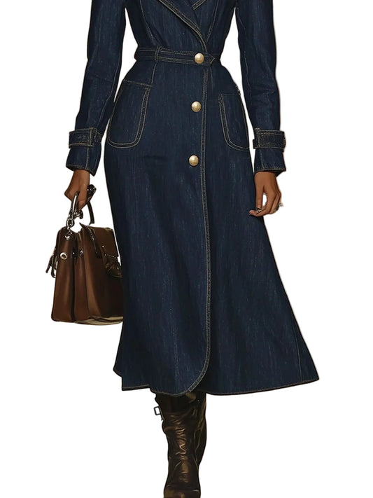 【24-Hour Shipping Out】Casual Retro Pocket Denim Long Sleeve Dress Style Trench Coat