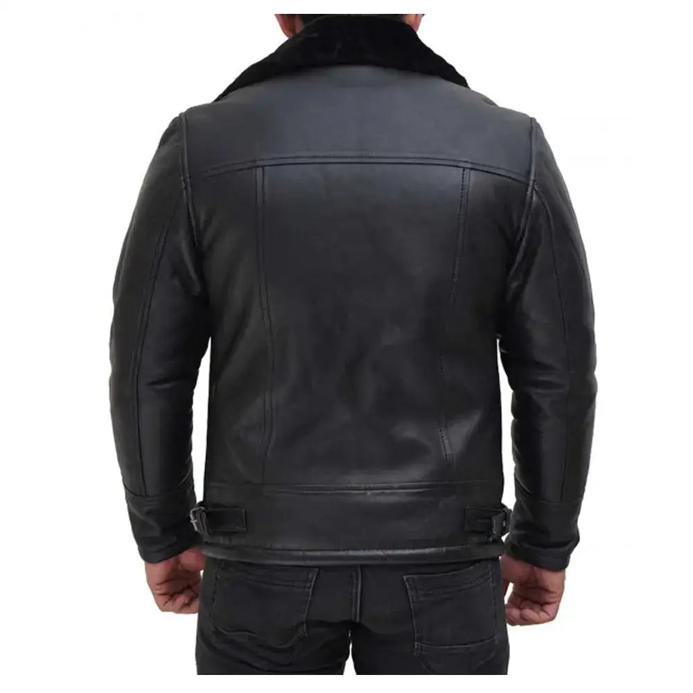 Mens Black Shearling Leather Bomber Jacket-1