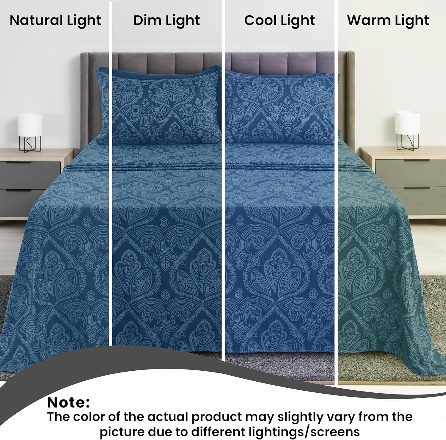 LUX Décor Paisley Queen Sheet Set – 6 Piece Ultra-Soft Microfiber Bed Sheets with Flat Sheet, 16 Inches Deep Pocket Fitted Sheet & 4 Pillowcases, Breathable, Bedroom Decor, Oeko-Tex – Navy Blue