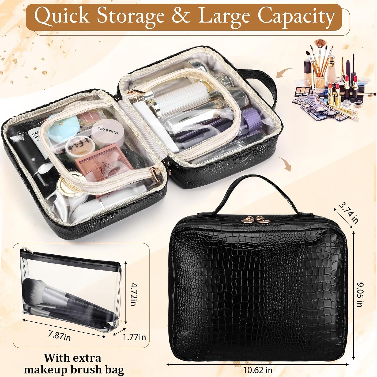 Travel Makeup Bag - Large Capacity Cosmetic Bag with Makeup Brush Bag, Leather Makeup Travel Case Open Flat Makeup Case, Cute Makeup Organizer Bag for Women Girls, Black