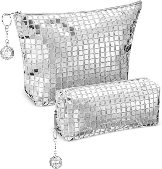 2 Pcs Disco Cosmetic Makeup Bags Women Silver Glitter Sequin Mirror Bag Large Travel Handbag with Disco Ball Zipper Storage Makeup Bag for Christmas New Year Bridal Bachelorette Party Gifts