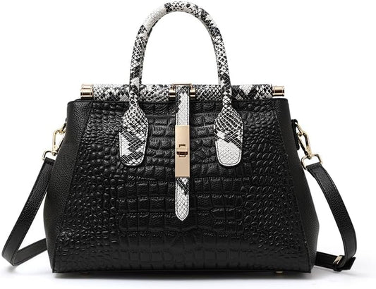 Genuine Leather Crocodile Print Handbag - Large Capacity, Detachable Strap, Color-Blocked, Women'S Cross-Body Tote