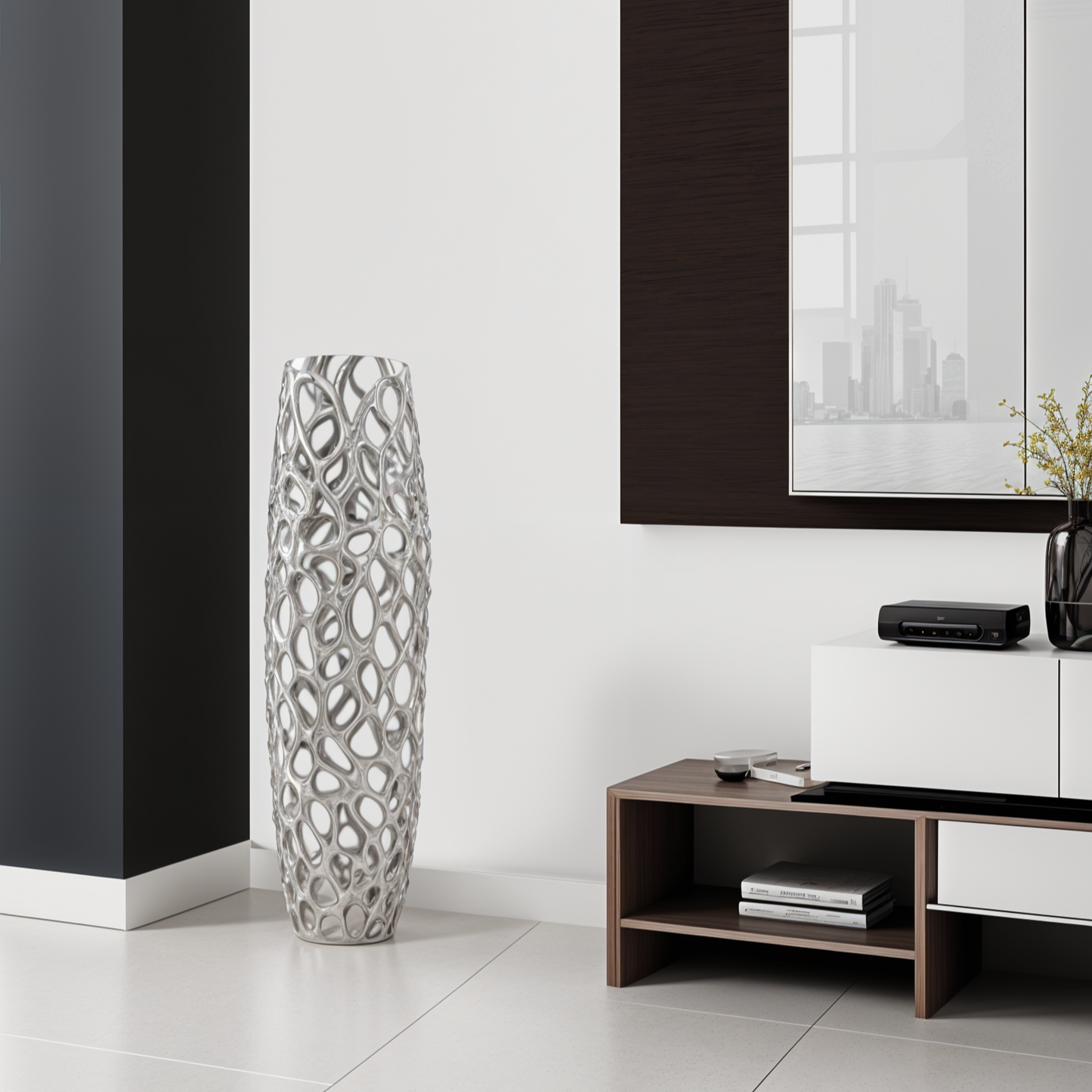 32" Aluminum Silver Twigs Cylinder Floor Vase-0