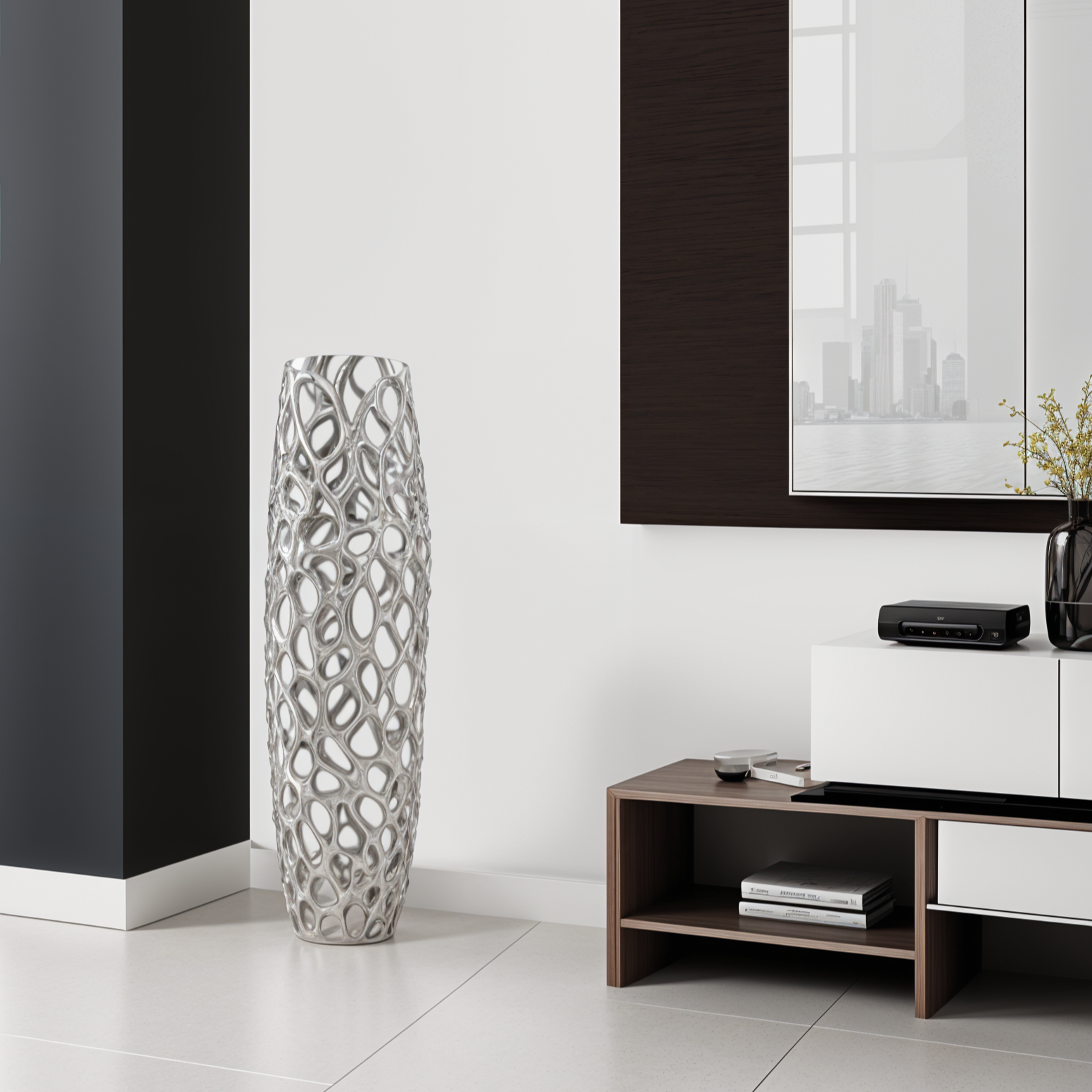 32" Aluminum Silver Twigs Cylinder Floor Vase-0