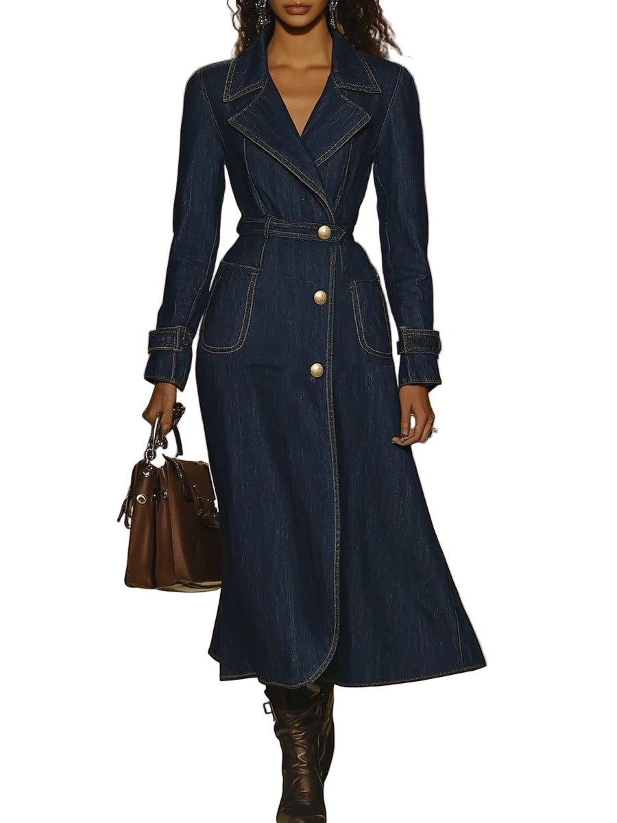 【24-Hour Shipping Out】Casual Retro Pocket Denim Long Sleeve Dress Style Trench Coat