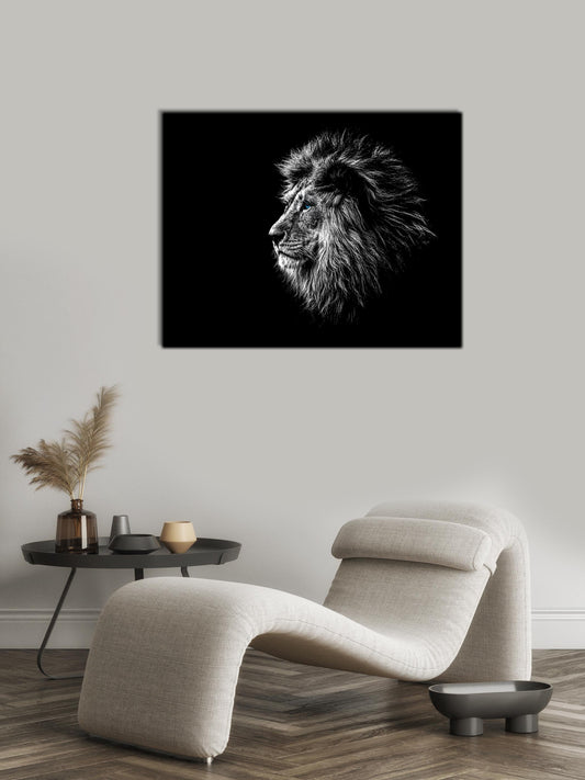 Wildlife Canvas Art-Lions Head Blue Eye in Black and White -Silver varnish-2