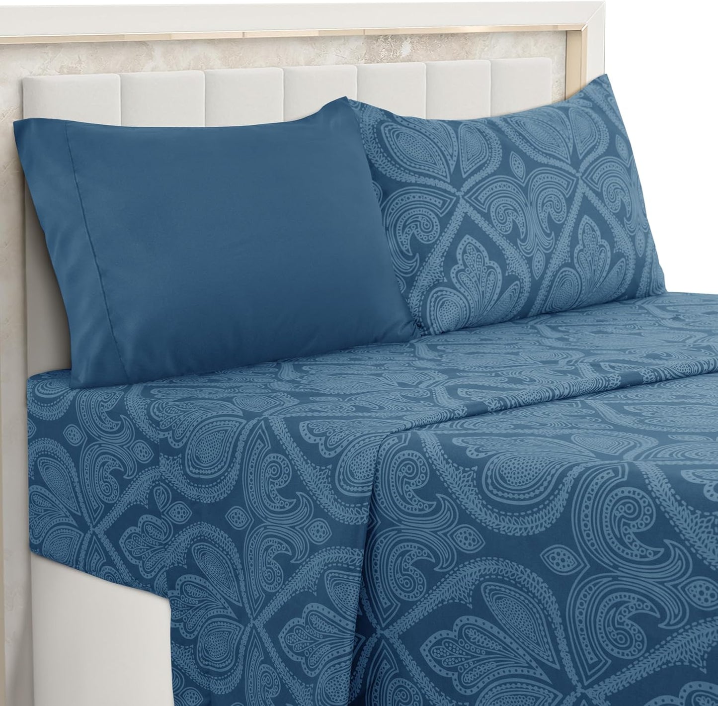 LUX Décor Paisley Queen Sheet Set – 6 Piece Ultra-Soft Microfiber Bed Sheets with Flat Sheet, 16 Inches Deep Pocket Fitted Sheet & 4 Pillowcases, Breathable, Bedroom Decor, Oeko-Tex – Navy Blue