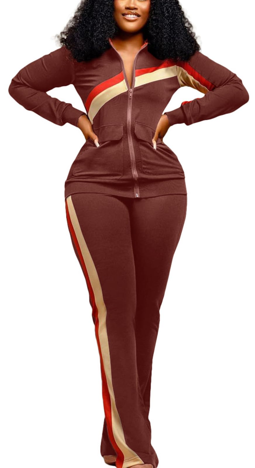 2 Piece Outfits for Women Long Sleeve Striped Zipup Jacket Wide Leg Long Pant Retro Tracksuit Sport Set Wine Red