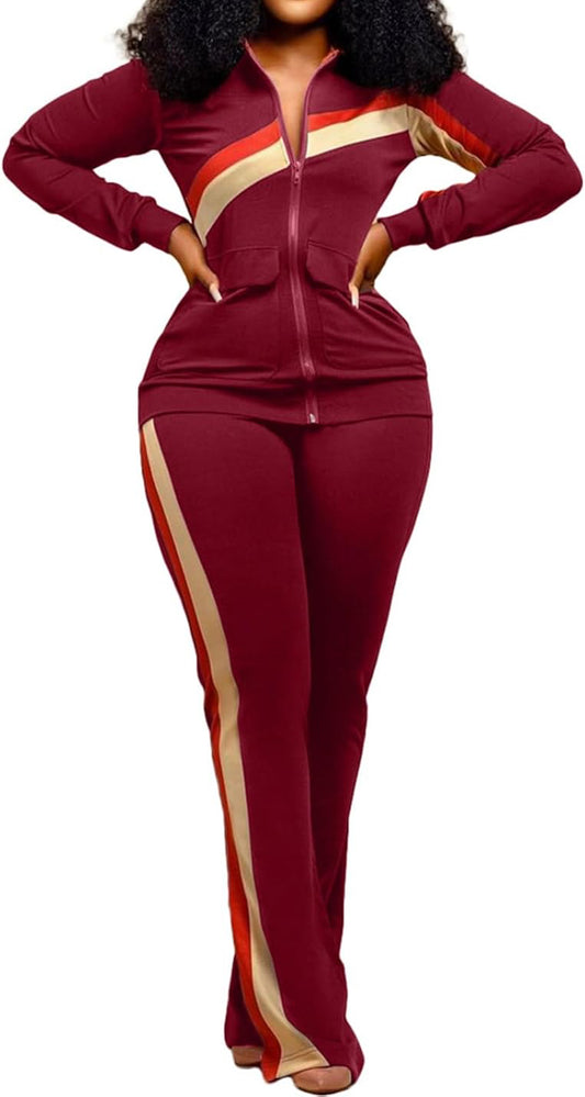 2 Piece Outfits for Women Long Sleeve Striped Zipup Jacket Wide Leg Long Pant Retro Tracksuit Sport Set Wine Red