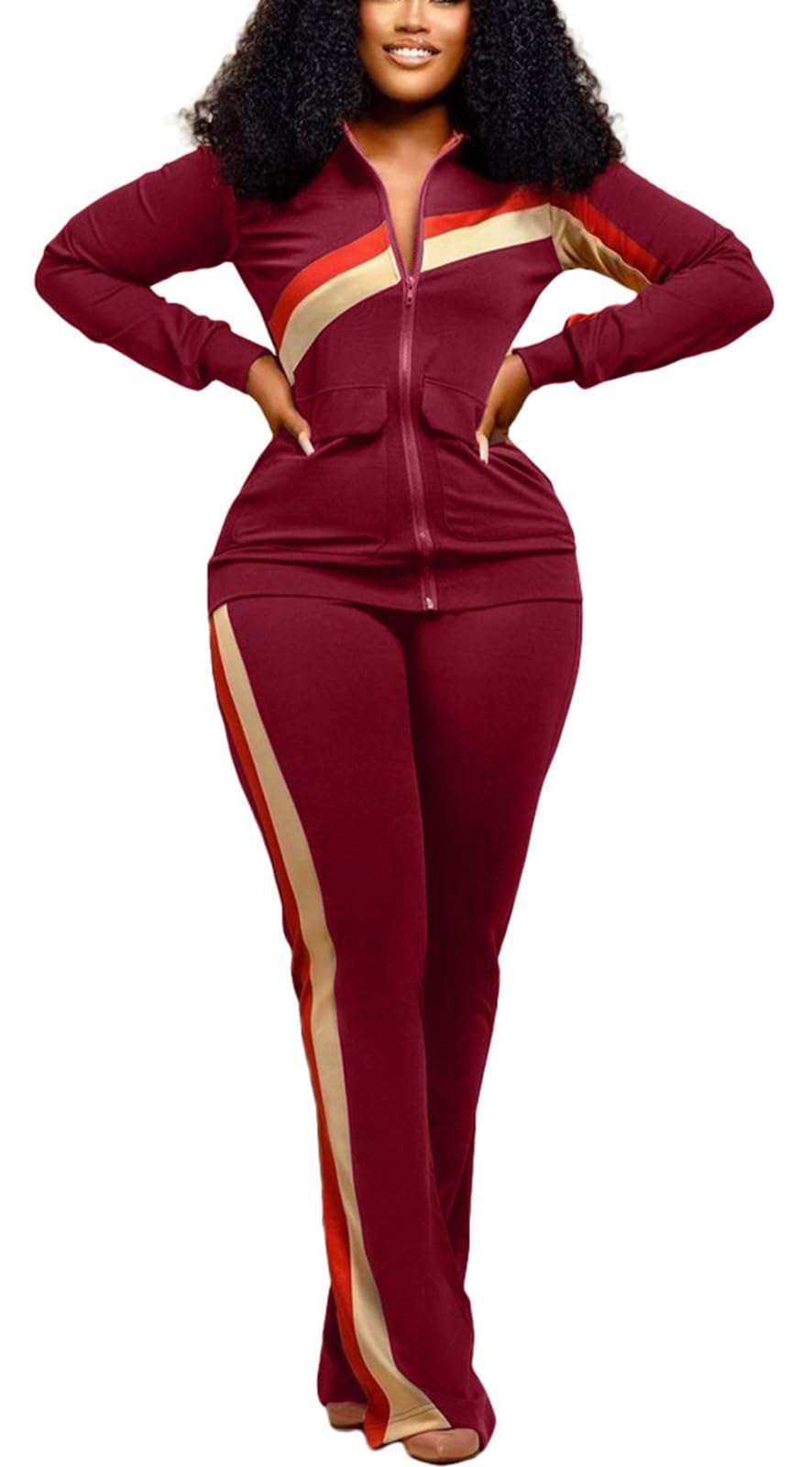 2 Piece Outfits for Women Long Sleeve Striped Zipup Jacket Wide Leg Long Pant Retro Tracksuit Sport Set Wine Red