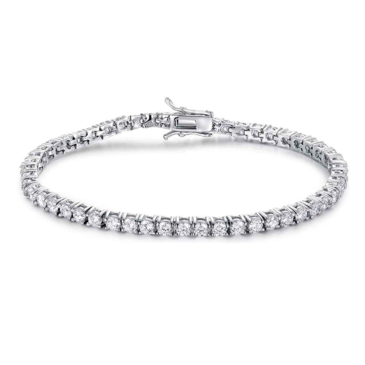 Gemsme Silver Moissanite Tennis Bracelet,18K White Gold Plated 3mm Round Moissanite Tennis Bracelet 6.5-8.5 Inch