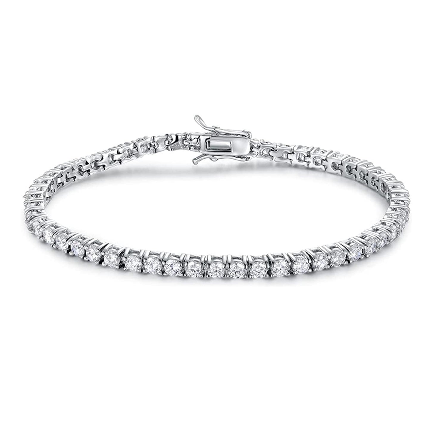 Gemsme Silver Moissanite Tennis Bracelet,18K White Gold Plated 3mm Round Moissanite Tennis Bracelet 6.5-8.5 Inch