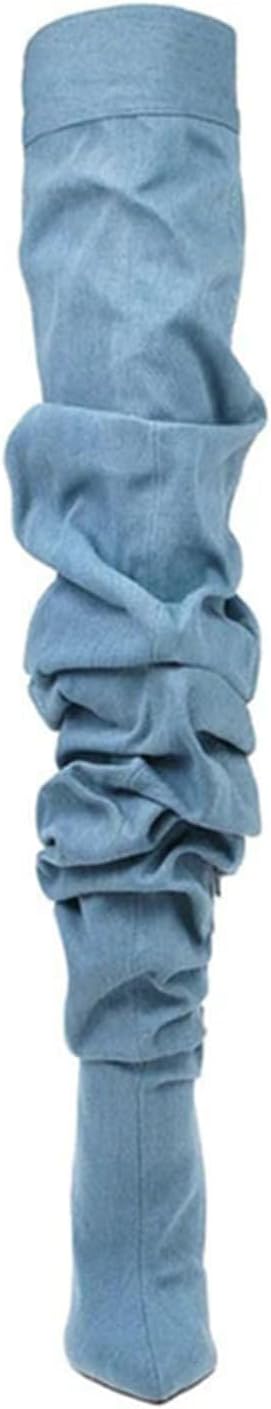 THESHY Women's Slouchy Over The Knee Boots Denim Pointed Toe Stiletto Heel Thigh High Boots Pleated Tall Fashion Sexy Bootie