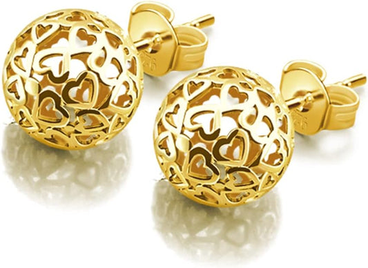 Bohemian - Women's 925 Sterling Silver Earrings - 7mm Hollow Pattern Ball Pendant - Silver Stud Earrings - 24k Gold - Fine Jewelry - Birthday Gift