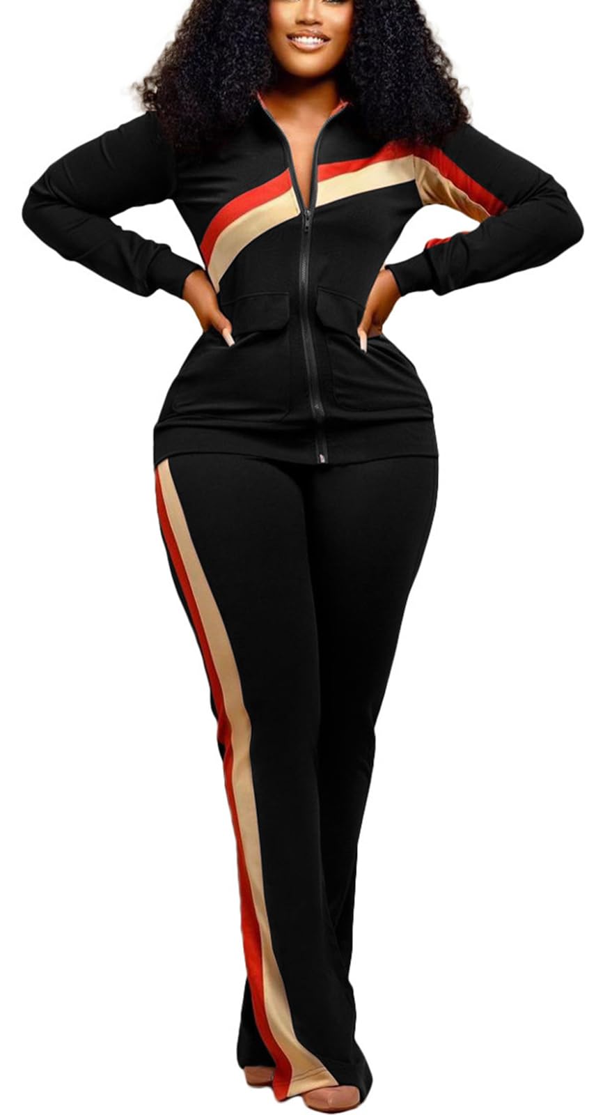 2 Piece Outfits for Women Long Sleeve Striped Zipup Jacket Wide Leg Long Pant Retro Tracksuit Sport Set Wine Red