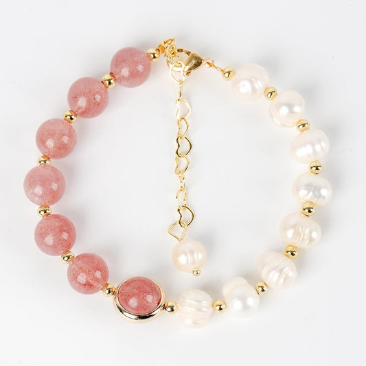Women's Natural Strawberry Crystal & Baroque Pearl Beaded Bracelet, 8mm Simple Elegant Design, Attracts Love & Luck