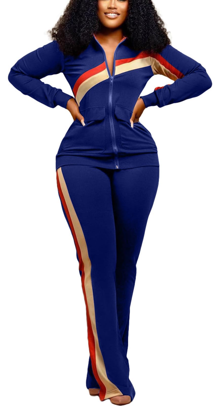 2 Piece Outfits for Women Long Sleeve Striped Zipup Jacket Wide Leg Long Pant Retro Tracksuit Sport Set Wine Red