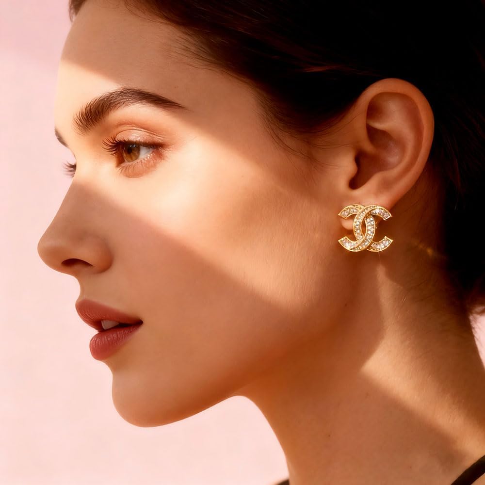 Gold Crystal Embellished Stud Earrings, Luxury Designer Style Statement Jewelry