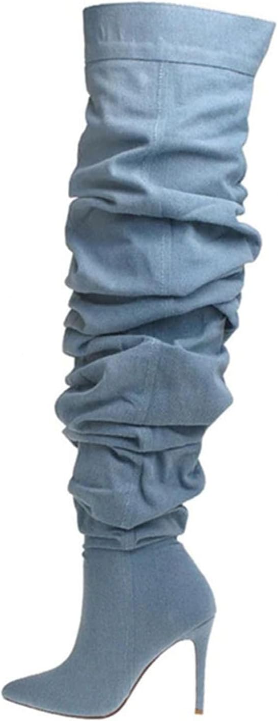 THESHY Women's Slouchy Over The Knee Boots Denim Pointed Toe Stiletto Heel Thigh High Boots Pleated Tall Fashion Sexy Bootie