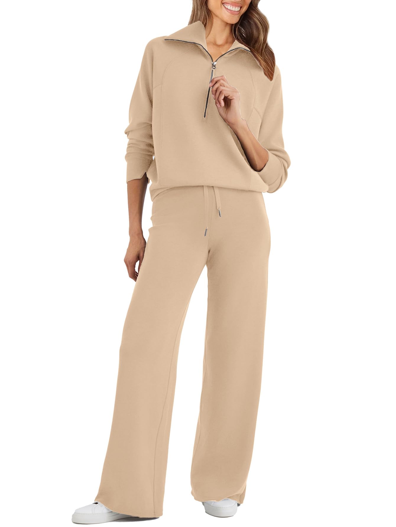 Glamaker Womens 2 Piece Outfits Sweatsuit Set Oversized Half Zip Sweatshirt Wide Leg Sweatpants Lounge Set Tracksuit