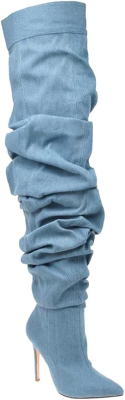 THESHY Women's Slouchy Over The Knee Boots Denim Pointed Toe Stiletto Heel Thigh High Boots Pleated Tall Fashion Sexy Bootie
