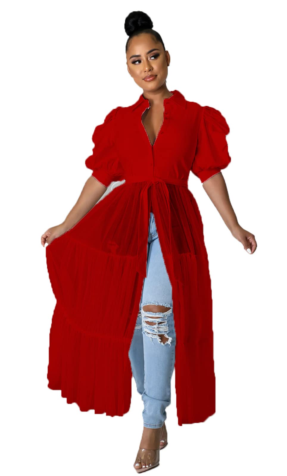 Ekaliy Women Sexy Short Sleeve Bodycon High Low Asymmetrical Ruffle Tunics Blouse Shirt Top Dress