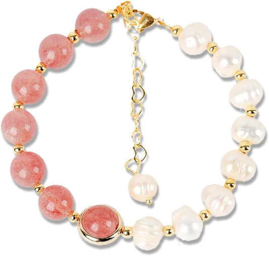 Women's Natural Strawberry Crystal & Baroque Pearl Beaded Bracelet, 8mm Simple Elegant Design, Attracts Love & Luck