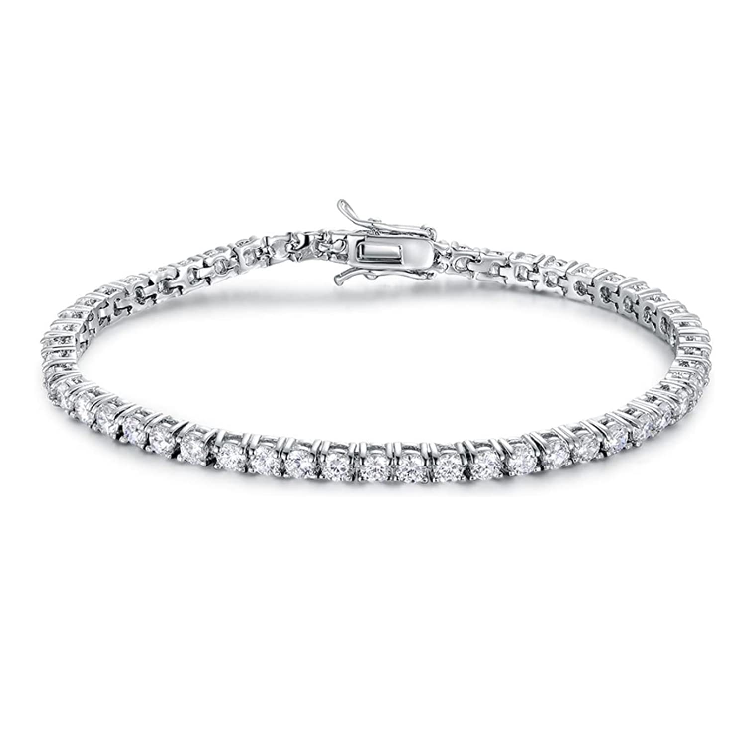 Gemsme Silver Moissanite Tennis Bracelet,18K White Gold Plated 3mm Round Moissanite Tennis Bracelet 6.5-8.5 Inch