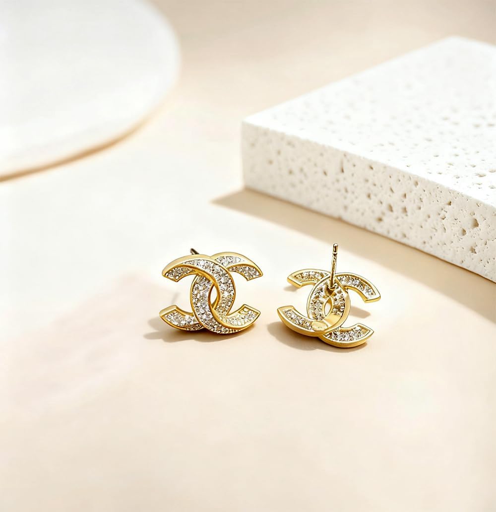 Gold Crystal Embellished Stud Earrings, Luxury Designer Style Statement Jewelry