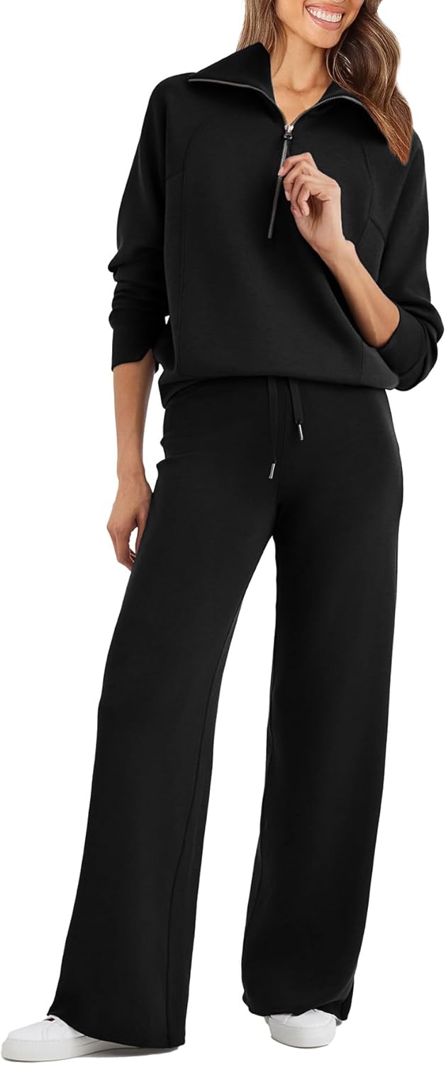 Glamaker Womens 2 Piece Outfits Sweatsuit Set Oversized Half Zip Sweatshirt Wide Leg Sweatpants Lounge Set Tracksuit