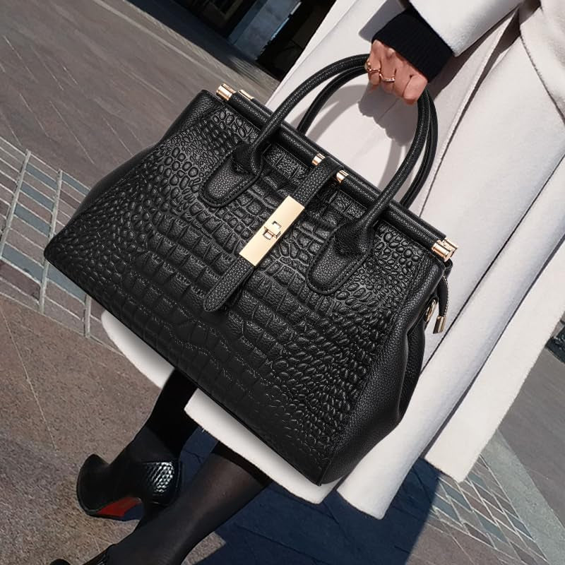 Genuine Leather Crocodile Print Handbag - Large Capacity, Detachable Strap, Color-Blocked, Women'S Cross-Body Tote