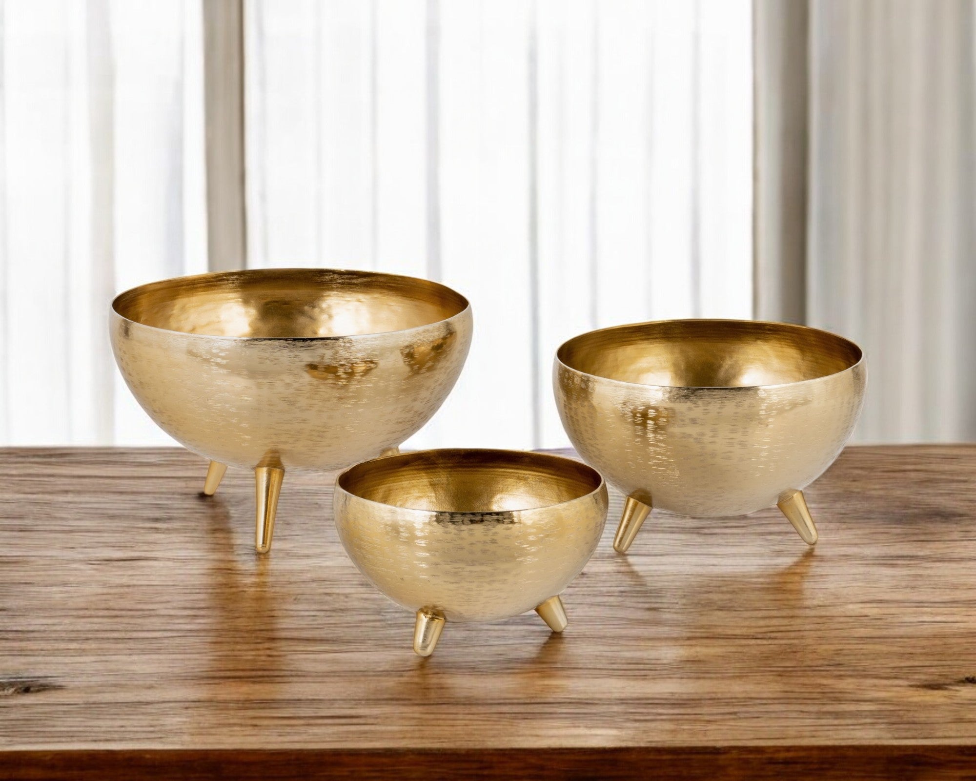 Set of Three Gold Metal Decorative Footed Bowls-0